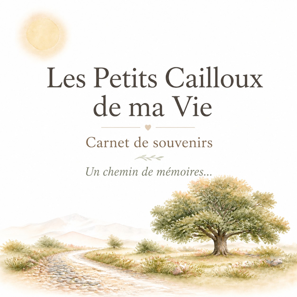 Couverture du carnet Les Petits Cailloux de ma Vie : un chemin de galets menant vers un grand arbre, à l'aquarelle