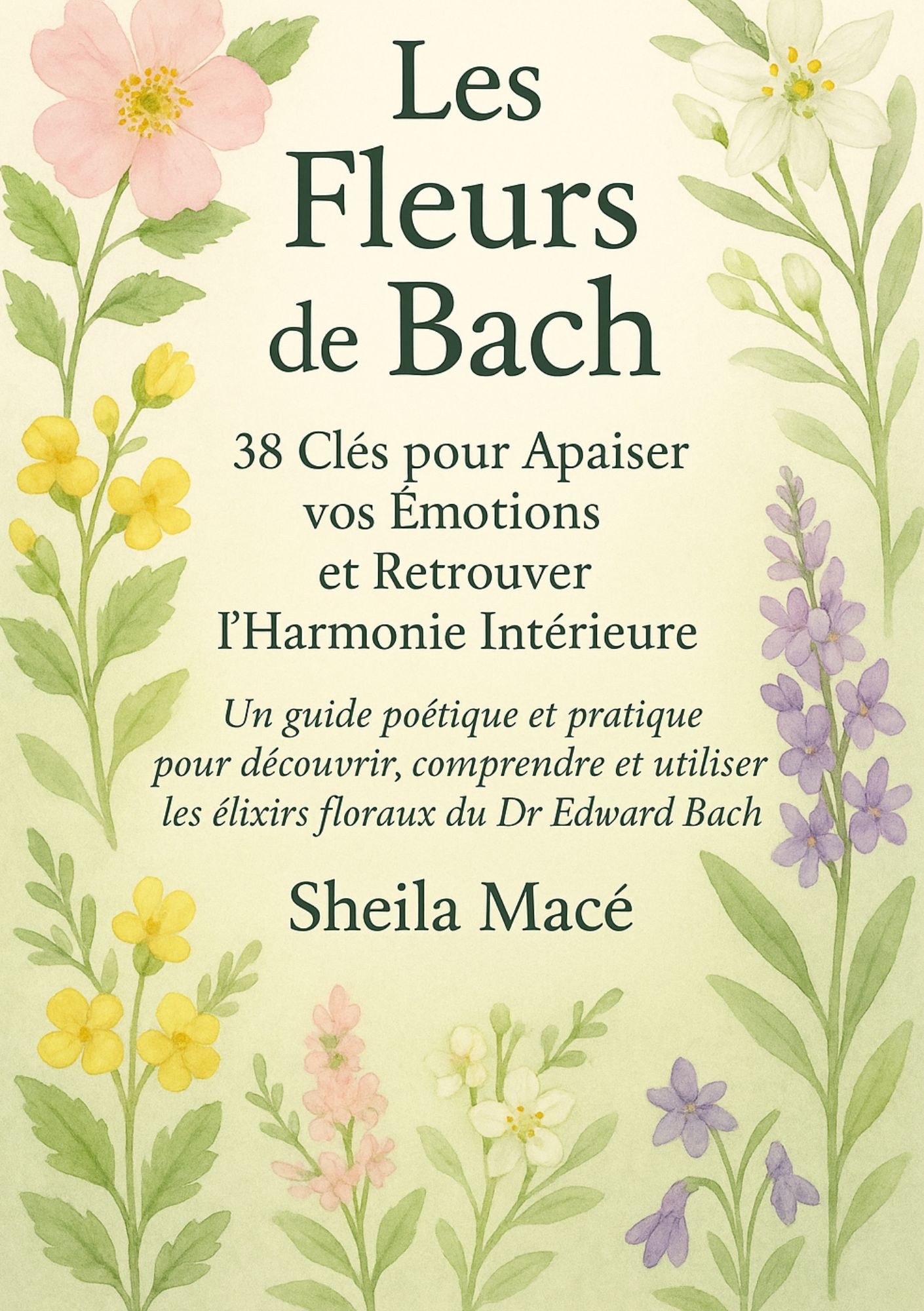 Couverture du livre Les Fleurs de Bach de Sheila Macé, aquarelles de fleurs sur fond ivoire